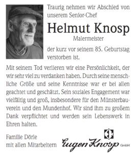 Traurig nehmen wir Abschied von unserem Senior-Chef Helmut Knosp